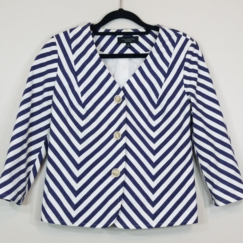 Talbots Stripe V-Neck Navy/White Cotton blazer